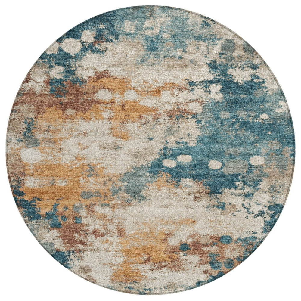 HomeRoots 5' Vibrant Teal Blue and Copper Abstract Area Rug - Stylish, Washable, Indoor/Outdoor Durable Design 8' Round 631977