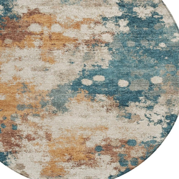HomeRoots 5' Vibrant Teal Blue and Copper Abstract Area Rug - Stylish, Washable, Indoor/Outdoor Durable Design 8' Round 631977