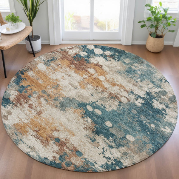 HomeRoots 5' Vibrant Teal Blue and Copper Abstract Area Rug - Stylish, Washable, Indoor/Outdoor Durable Design 8' Round 631977