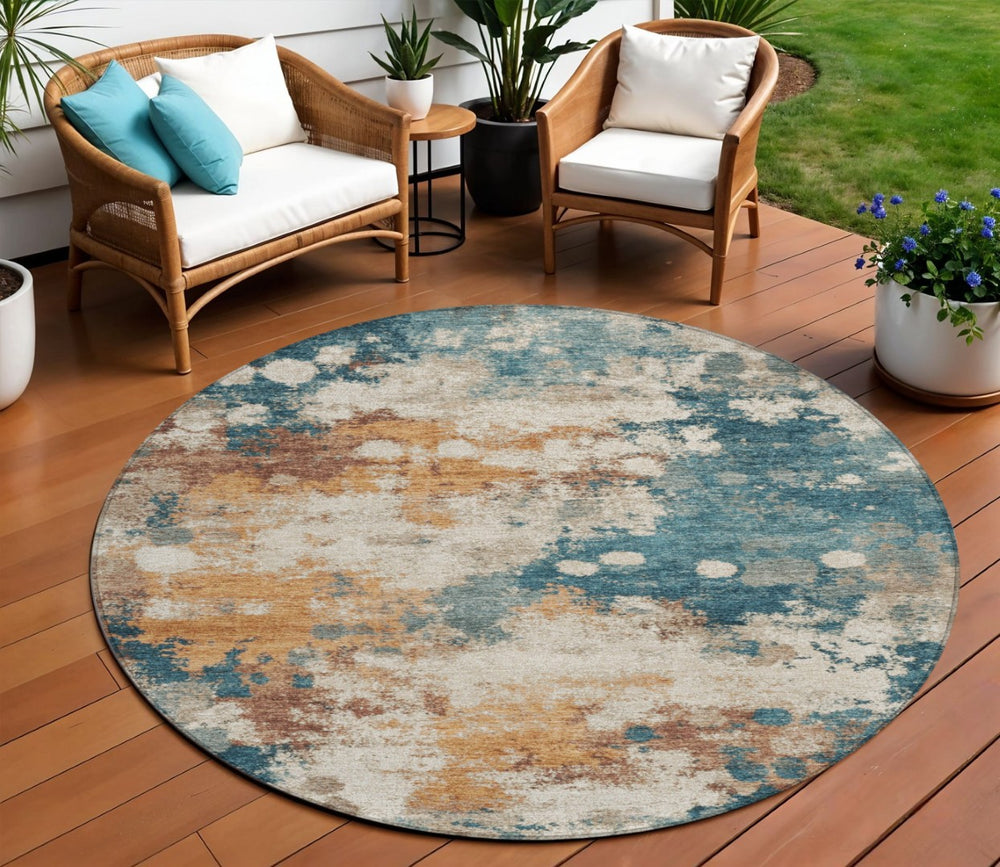 HomeRoots 5' Vibrant Teal Blue and Copper Abstract Area Rug - Stylish, Washable, Indoor/Outdoor Durable Design 8' Round 631977
