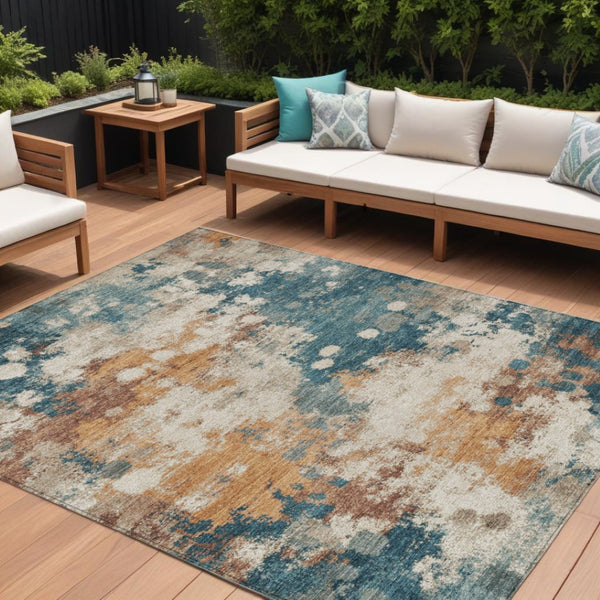 HomeRoots 5' Vibrant Teal Blue and Copper Abstract Area Rug - Stylish, Washable, Indoor/Outdoor Durable Design 8' X 10' 631978