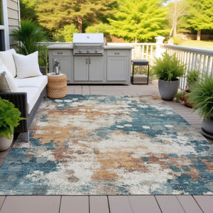 HomeRoots 5' Vibrant Teal Blue and Copper Abstract Area Rug - Stylish, Washable, Indoor/Outdoor Durable Design 9' X 12' 631979
