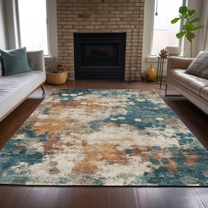 HomeRoots 5' Vibrant Teal Blue and Copper Abstract Area Rug - Stylish, Washable, Indoor/Outdoor Durable Design 9' X 12' 631979