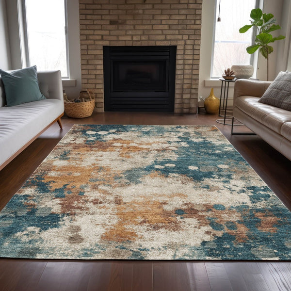HomeRoots 5' Vibrant Teal Blue and Copper Abstract Area Rug - Stylish, Washable, Indoor/Outdoor Durable Design 9' X 12' 631979