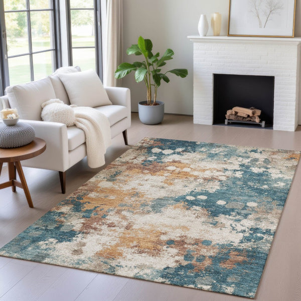 HomeRoots 5' Vibrant Teal Blue and Copper Abstract Area Rug - Stylish, Washable, Indoor/Outdoor Durable Design 10' X 14' 631980