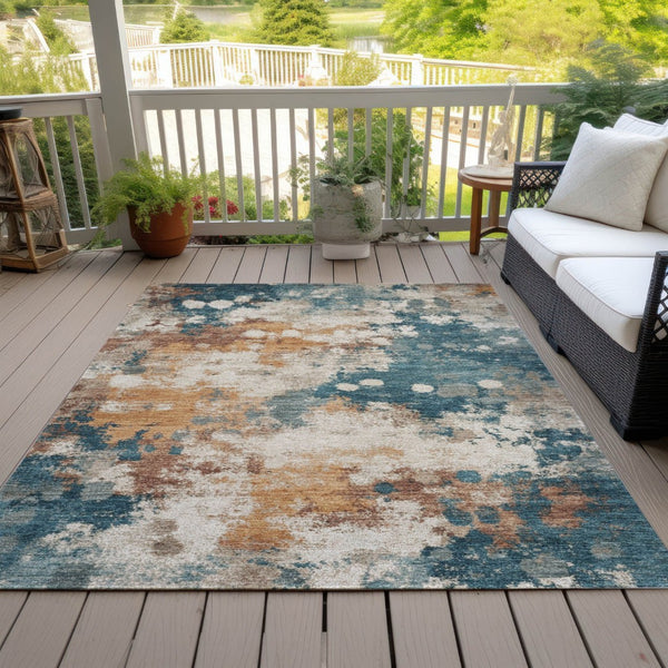 HomeRoots 5' Vibrant Teal Blue and Copper Abstract Area Rug - Stylish, Washable, Indoor/Outdoor Durable Design 10' X 14' 631980