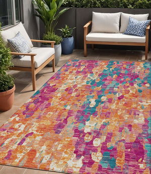 HomeRoots 5' Stylish Blush Orange & Teal Blue Abstract Washable Area Rug for Indoor & Outdoor Use 5' X 8' 631982