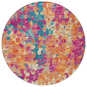 HomeRoots 5' Stylish Blush Orange & Teal Blue Abstract Washable Area Rug for Indoor & Outdoor Use 8' Round 631983