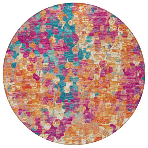 HomeRoots 5' Stylish Blush Orange & Teal Blue Abstract Washable Area Rug for Indoor & Outdoor Use 8' Round 631983