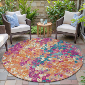 HomeRoots 5' Stylish Blush Orange & Teal Blue Abstract Washable Area Rug for Indoor & Outdoor Use 8' Round 631983