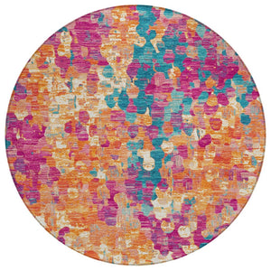 HomeRoots 5' Stylish Blush Orange & Teal Blue Abstract Washable Area Rug for Indoor & Outdoor Use 8' Round 631983