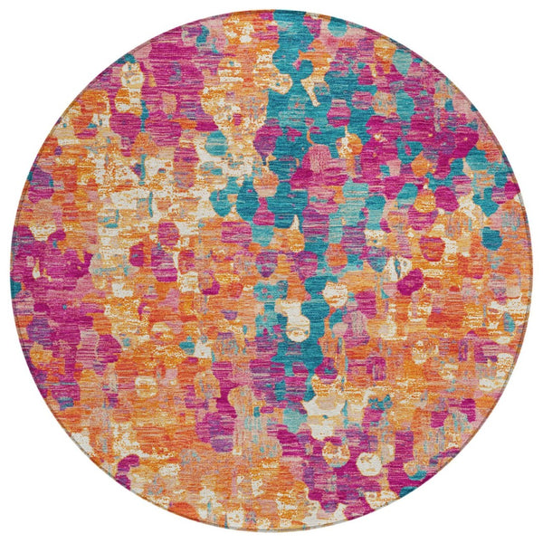 HomeRoots 5' Stylish Blush Orange & Teal Blue Abstract Washable Area Rug for Indoor & Outdoor Use 8' Round 631983
