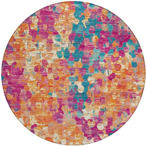 HomeRoots 5' Stylish Blush Orange & Teal Blue Abstract Washable Area Rug for Indoor & Outdoor Use 8' Round 631983