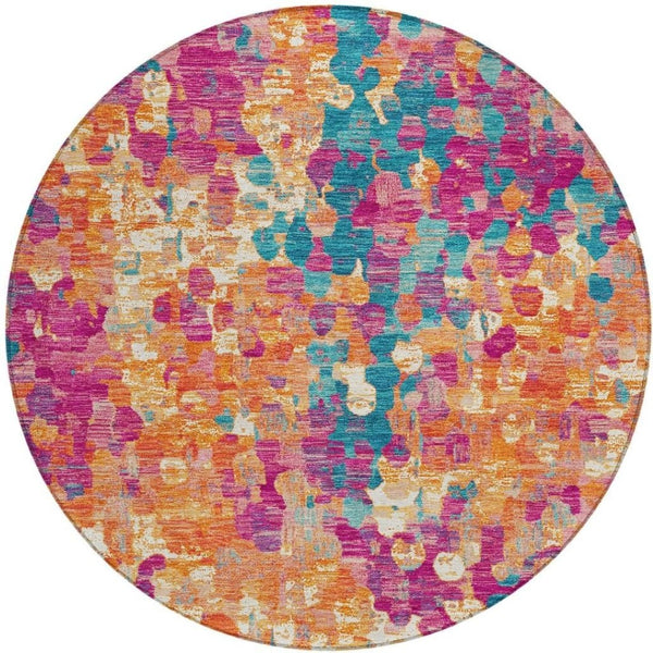 HomeRoots 5' Stylish Blush Orange & Teal Blue Abstract Washable Area Rug for Indoor & Outdoor Use 8' Round 631983