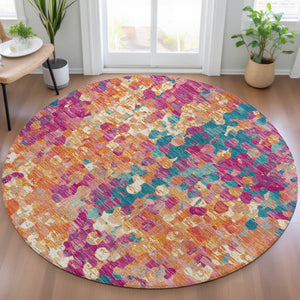 HomeRoots 5' Stylish Blush Orange & Teal Blue Abstract Washable Area Rug for Indoor & Outdoor Use 8' Round 631983