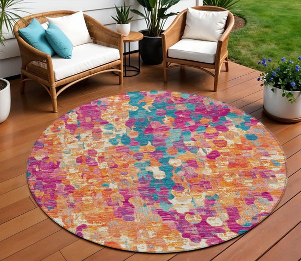 HomeRoots 5' Stylish Blush Orange & Teal Blue Abstract Washable Area Rug for Indoor & Outdoor Use 8' Round 631983