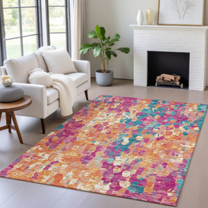 HomeRoots 5' Stylish Blush Orange & Teal Blue Abstract Washable Area Rug for Indoor & Outdoor Use 9' X 12' 631985