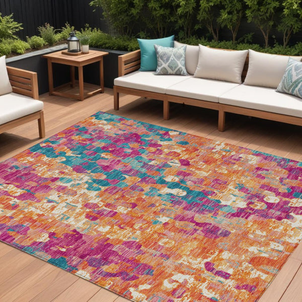 HomeRoots 5' Stylish Blush Orange & Teal Blue Abstract Washable Area Rug for Indoor & Outdoor Use 10' X 14' 631986