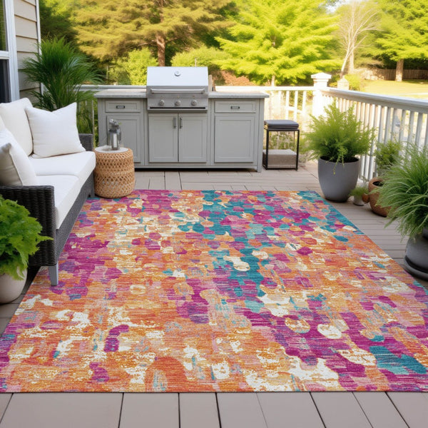 HomeRoots 5' Stylish Blush Orange & Teal Blue Abstract Washable Area Rug for Indoor & Outdoor Use 10' X 14' 631986