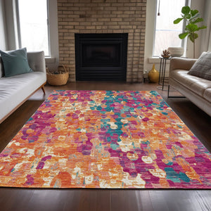 HomeRoots 5' Stylish Blush Orange & Teal Blue Abstract Washable Area Rug for Indoor & Outdoor Use 10' X 14' 631986