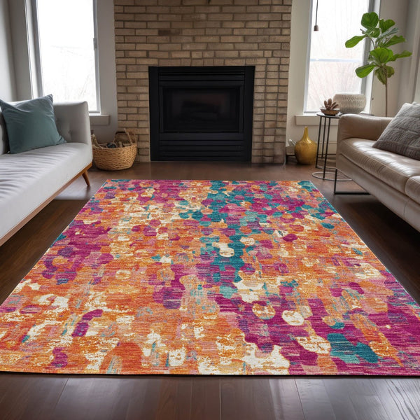HomeRoots 5' Stylish Blush Orange & Teal Blue Abstract Washable Area Rug for Indoor & Outdoor Use 10' X 14' 631986