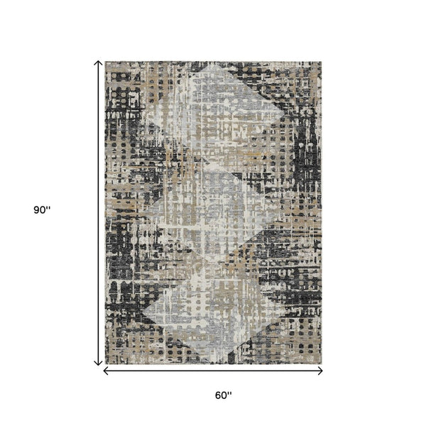 HomeRoots 5' Black and Ivory Geometric Indoor/Outdoor Area Rug – Stylish, Washable, Durable for All Spaces 5' X 8' 631988
