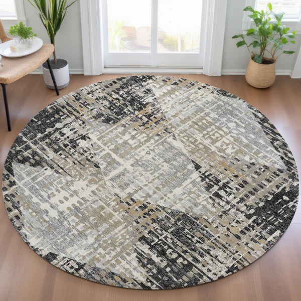 HomeRoots 5' Black and Ivory Geometric Indoor/Outdoor Area Rug – Stylish, Washable, Durable for All Spaces 8' Round 631989