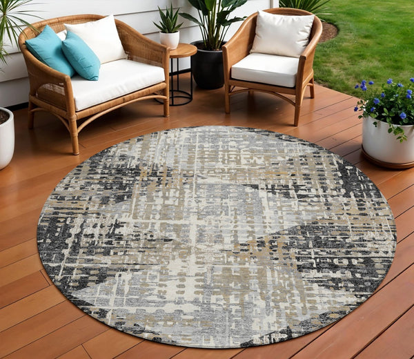 HomeRoots 5' Black and Ivory Geometric Indoor/Outdoor Area Rug – Stylish, Washable, Durable for All Spaces 8' Round 631989