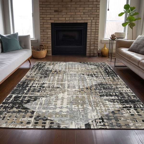 HomeRoots 5' Black and Ivory Geometric Indoor/Outdoor Area Rug – Stylish, Washable, Durable for All Spaces 9' X 12' 631991