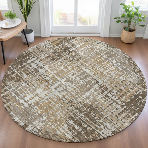 HomeRoots 5' Brown and Ivory Geometric Washable Area Rug - Durable, Stylish, Indoor/Outdoor Versatility 8' Round 631995