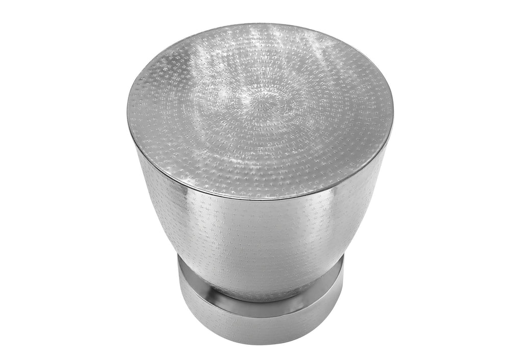 English Elm Accent Table, Chic Drum-Style Design In Hammered Chrome Finish, Modern Space-Saving Side Table B2710P219453