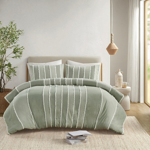 English Elm King/Cal King Boho Striped Cotton Duvet Cover Set with Green Jacquard Trim, OEKO-TEX, Machine Washable B035P217806
