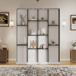 English Elm Rotating Queen Murphy Wall Bed with 14 Open Shelves Hydraulic Lift Space Saving White LP000962AAK