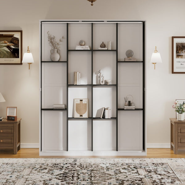 English Elm Rotating Queen Murphy Wall Bed with 14 Open Shelves Hydraulic Lift Space Saving White LP000962AAK