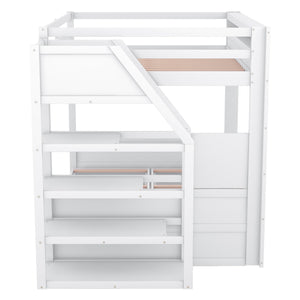 English Elm Wood Full Size Convertible Bunk Bed with Staircase Storage, Bedside Table and 3 Large Drawers, Durable Pine Finish White GX000335AAK-1