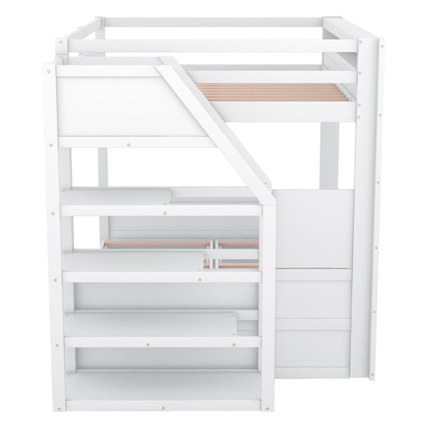 English Elm Wood Full Size Convertible Bunk Bed with Staircase Storage, Bedside Table and 3 Large Drawers, Durable Pine Finish White GX000335AAK-1