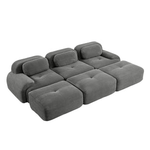 English Elm Three-seat Modular Corduroy Sectional Sofa with Ottomans for Living and Media Rooms Grey W714S01269