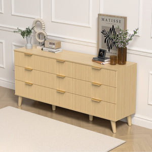 English Elm 9 Drawer Fluted Wood Dresser with Bohemian Texture for Bedroom Nursery or Entryway T3773P415598