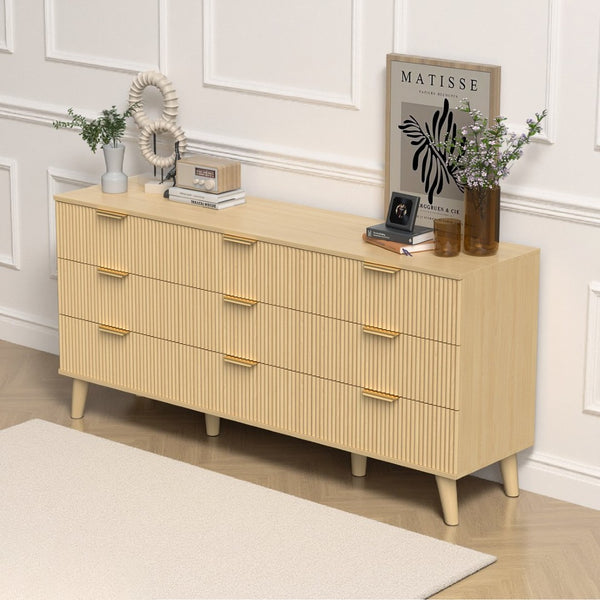 English Elm 9 Drawer Fluted Wood Dresser with Bohemian Texture for Bedroom Nursery or Entryway T3773P415598