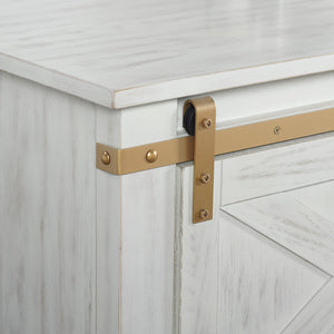 English Elm Rustic Glam Barnwood Coffee Table with Dual-Sided Center Drawer, Open Shelves & Metal Trim Accents Antique White,Gold 51 L x 27 W x 23 H B2741P320884