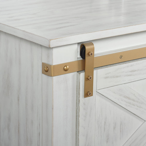 English Elm Rustic Glam Barnwood Coffee Table with Dual-Sided Center Drawer, Open Shelves & Metal Trim Accents Antique White,Gold 51 L x 27 W x 23 H B2741P320884