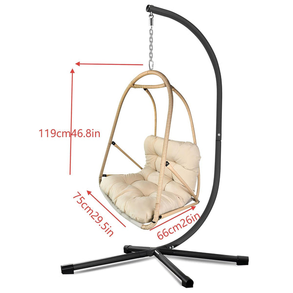 English Elm Swing Egg Chair with Stand - Foldable Rattan Hanging Basket Seat, Cushioned Comfort, Cup Holder Beige+Brown W2707P388617