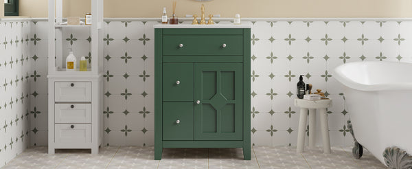 English Elm 24" Modern Bathroom Vanity with Ceramic Basin, French Country Cross-Grid Design & Soft-Close Drawers Green N710P280655F