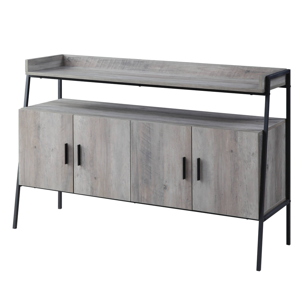 English Elm Samiya Gray Oak & Black Finish TV Stand with 4 Doors, Open Shelf, Durable MDF/Metal Design B2726P256331