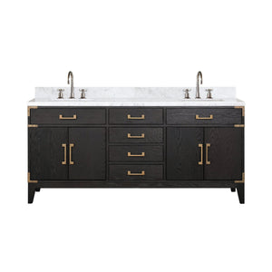 English Elm Black Oak Double Bath Vanity With 72" Carrara Marble Top, Faucet Set & Soft-Close Drawers Included B2731P260952