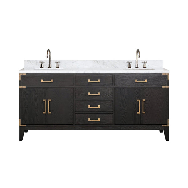 English Elm Black Oak Double Bath Vanity With 72" Carrara Marble Top, Faucet Set & Soft-Close Drawers Included B2731P260952