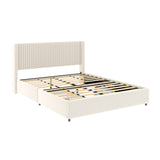 Christopher Knight Home® - Noble House - Anna Patented 2-Drawer Storage Bed Queen Size Ivory Velvet Upholstered Wingback Platform Bed, Modern Design Headboard With Tight Channel, Wooden Slat Mattress Support No Box Spring Needed