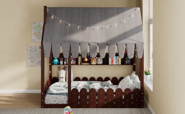 English Elm {slats Are Not Included} Twin Montessori House Floor Bed Kids Tent Lights Shelves Pinewood Frame Espresso N708P407963P