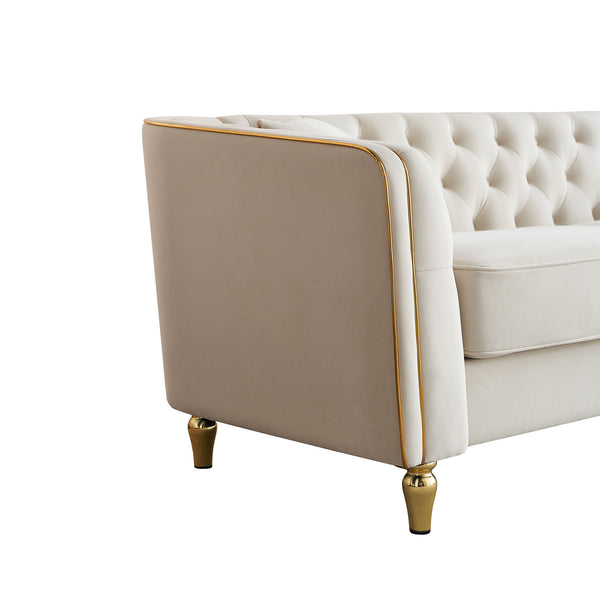 English Elm 87.01"W Modern Tufted Velvet Sofa with Gold Metal Legs, Stylish Accent Seating for Living Room Beige W579S00039