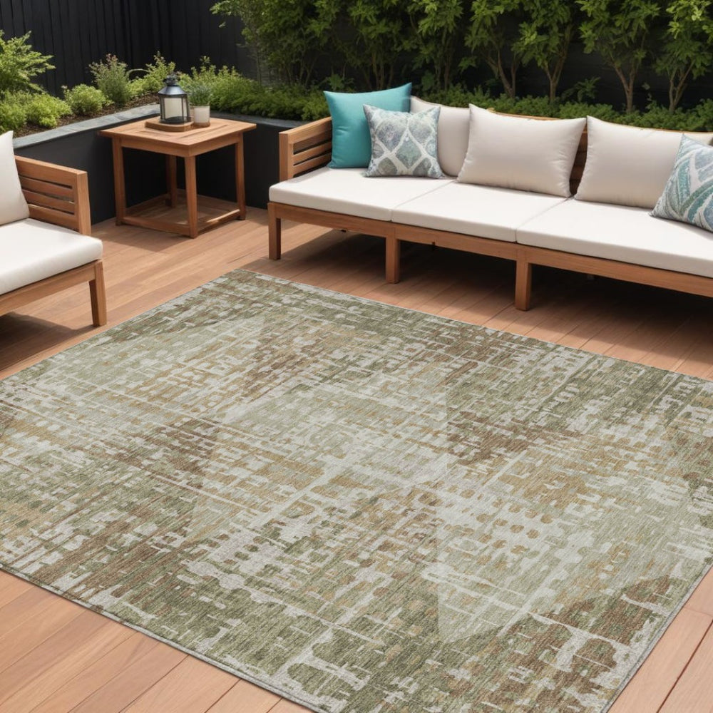 HomeRoots 5' Stylish Fern Green and Beige Geometric Washable Area Rug for Indoor and Outdoor Spaces 9' X 12' 632003